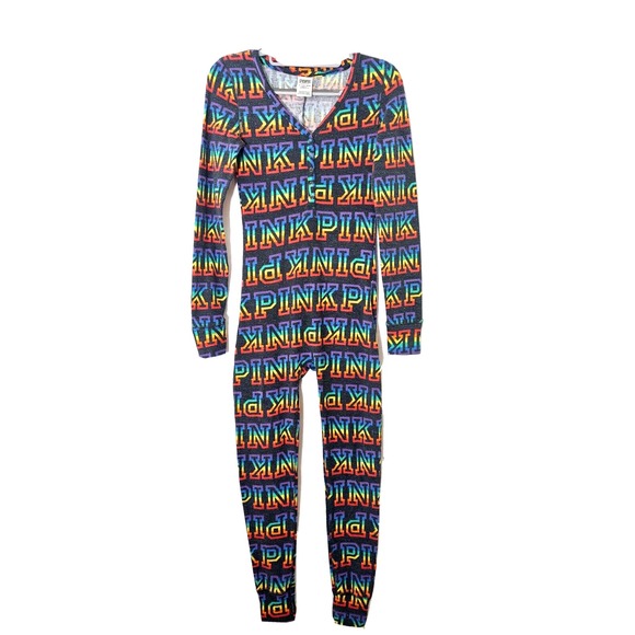 PINK Victorias Secret Jumpsuit XS Rainbow Logo Union Suit Pajamas Sleepwear - Picture 1 of 12